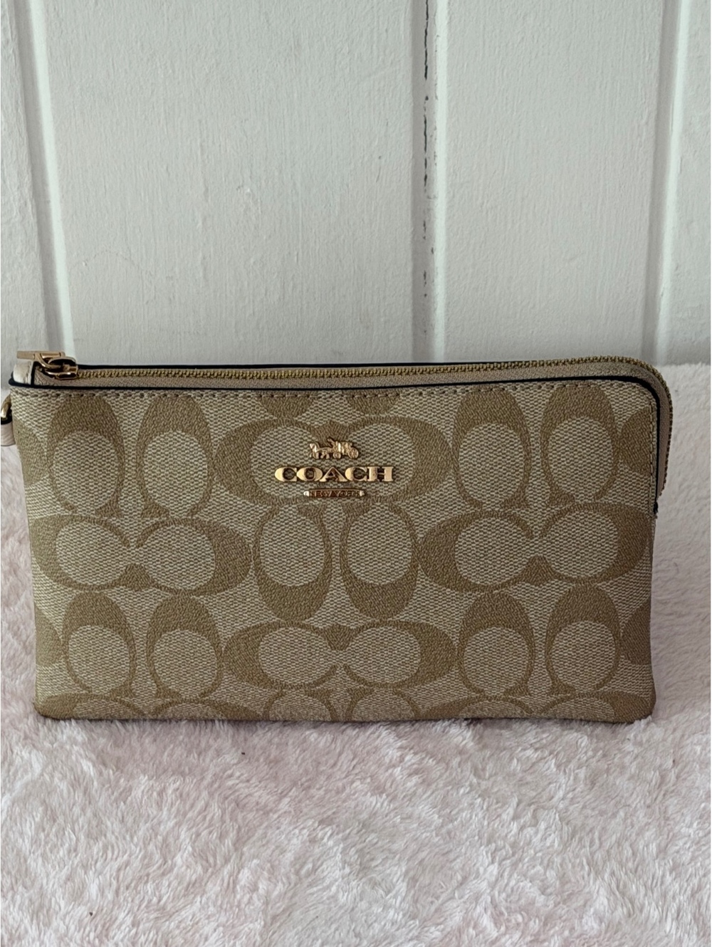 Coach Signature Canvas Zip Pouch in Khaki and Light Brown
